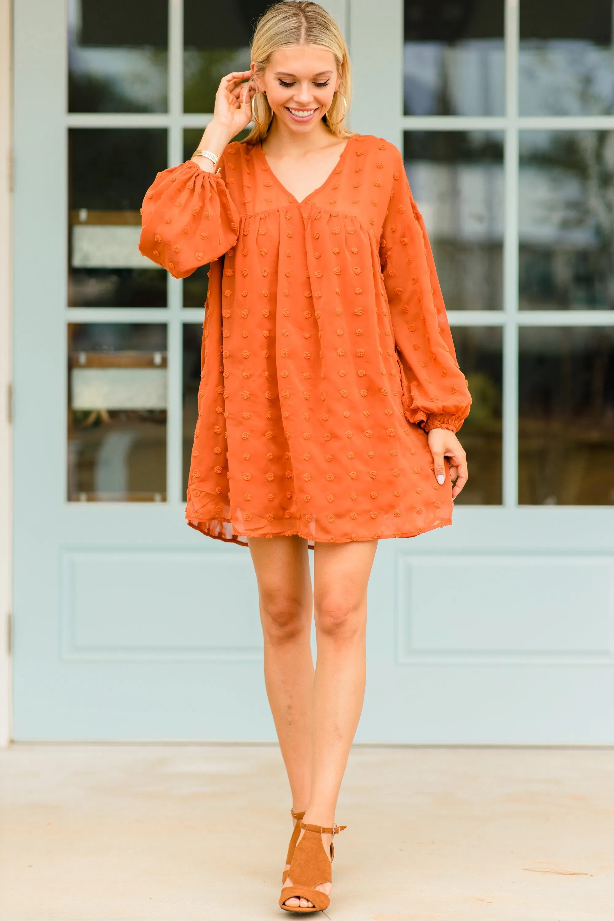 Everywhere I Go Rust Orange Swiss Dot Dress