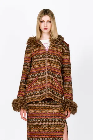 Fair Isle Fleece Faux Curly Lamb Trimmed Hooded Jacket