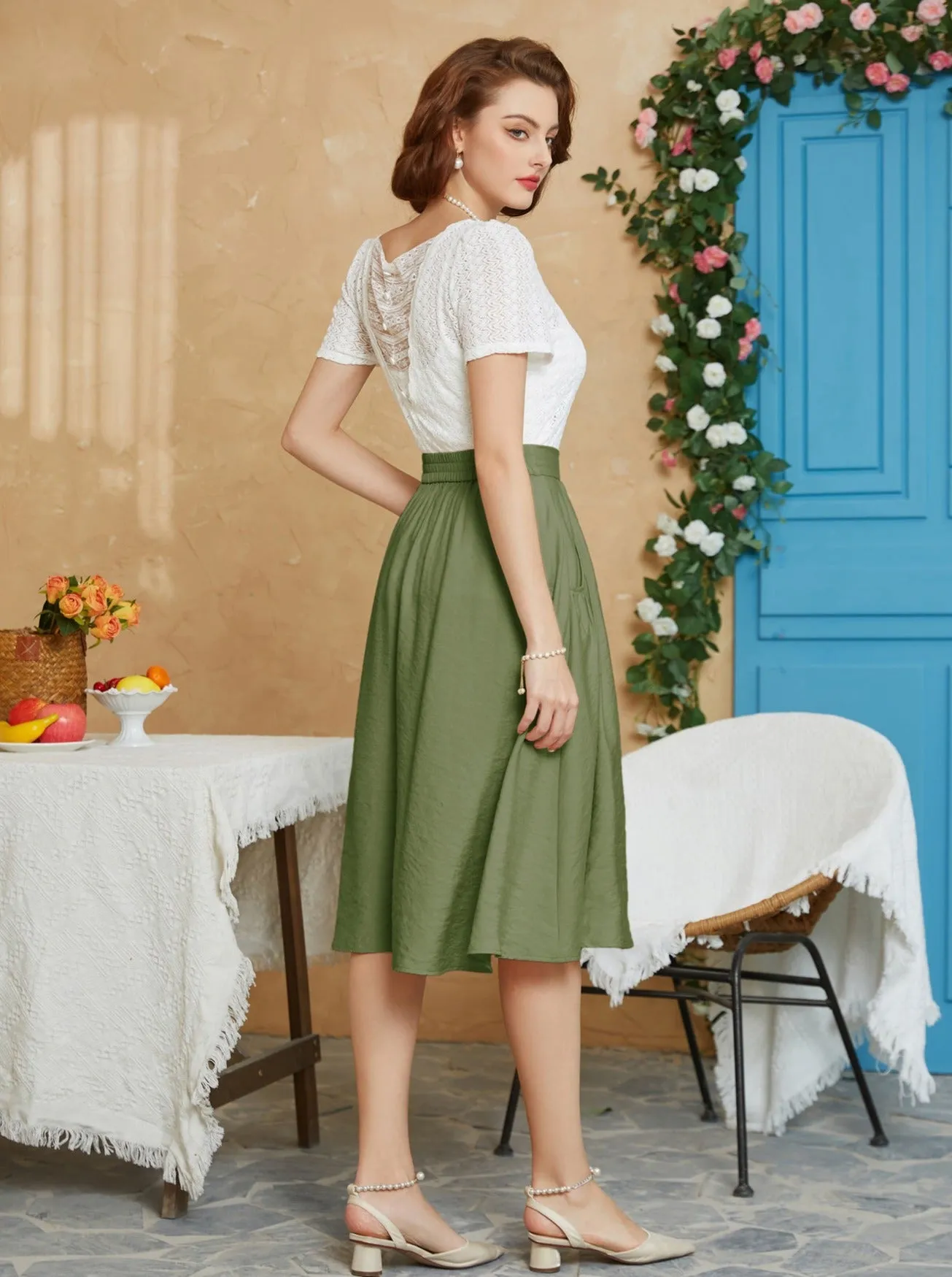 Faux Linen Skirt with Pockets Vintage Swing Skirt Elastic Waist Flared A Line Skirts