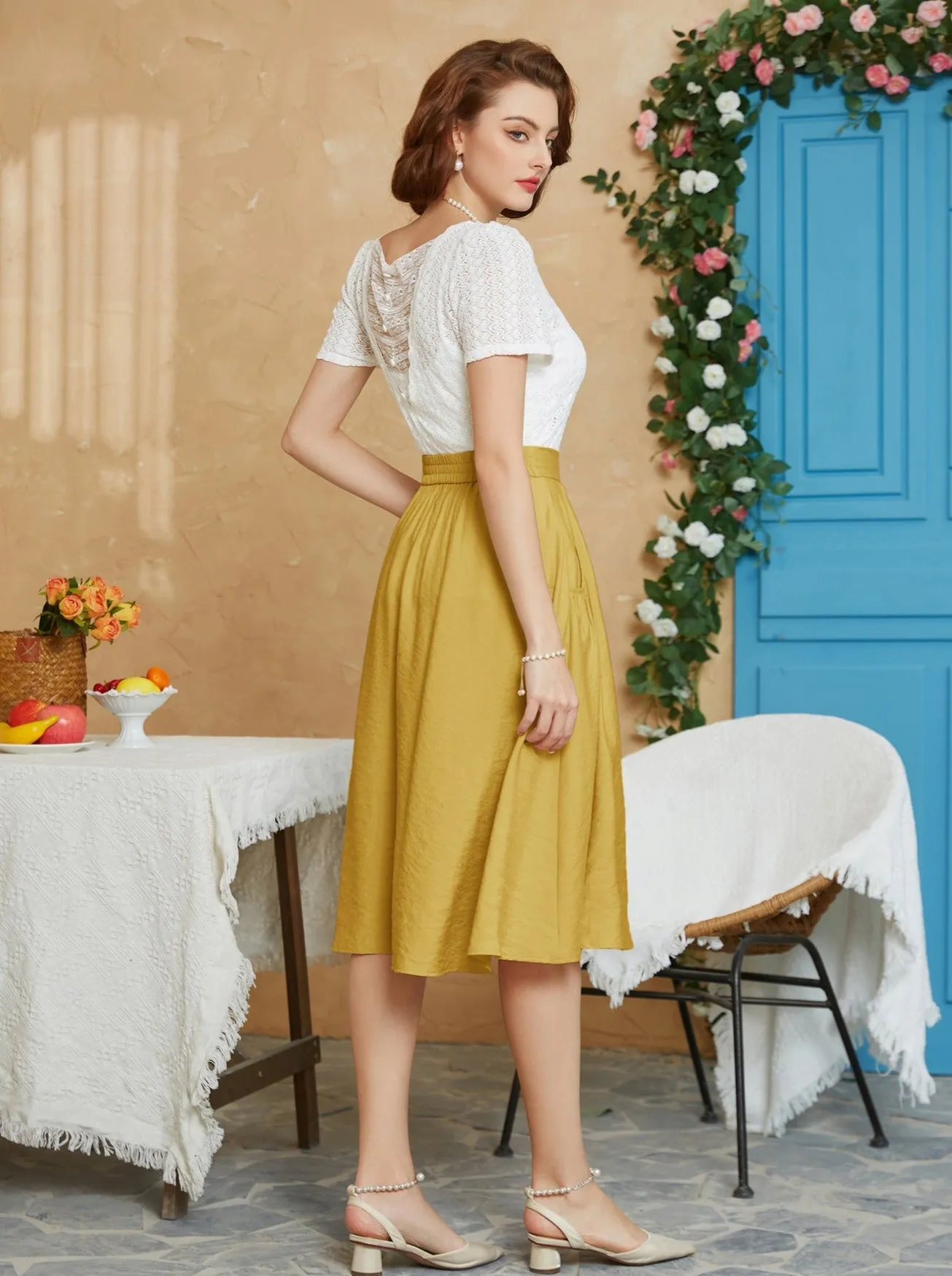 Faux Linen Skirt with Pockets Vintage Swing Skirt Elastic Waist Flared A Line Skirts