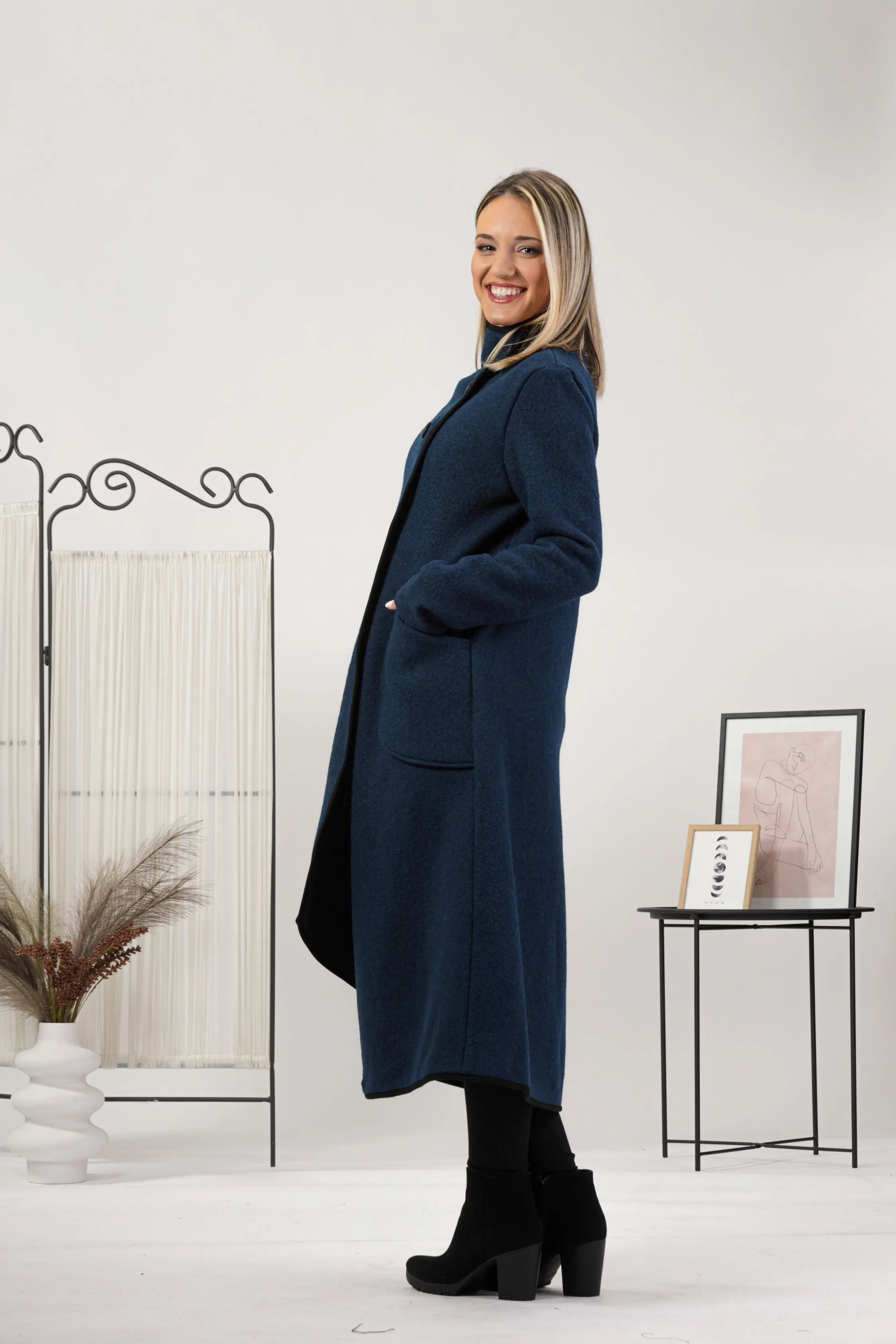 Forest Green Boiled Wool Coat with Pockets