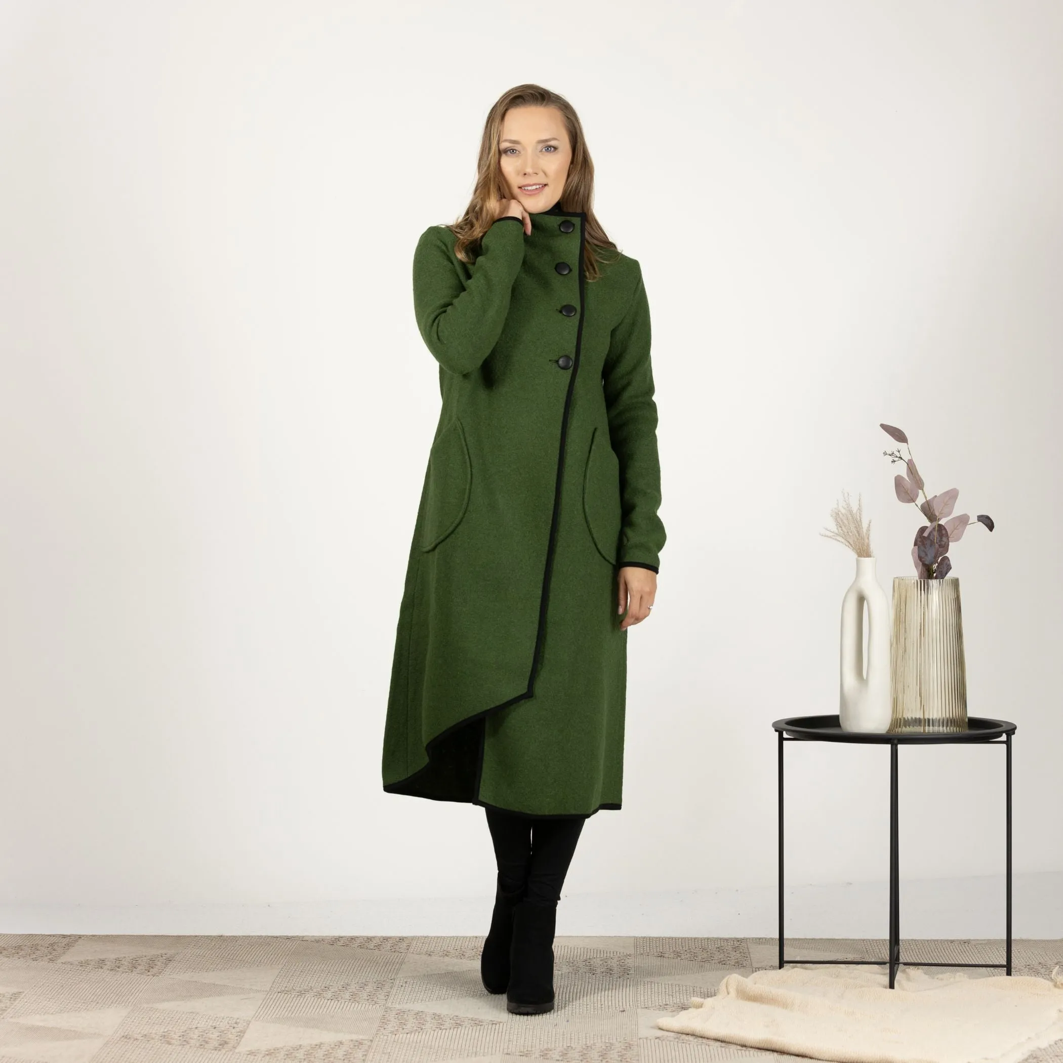 Forest Green Boiled Wool Coat with Pockets