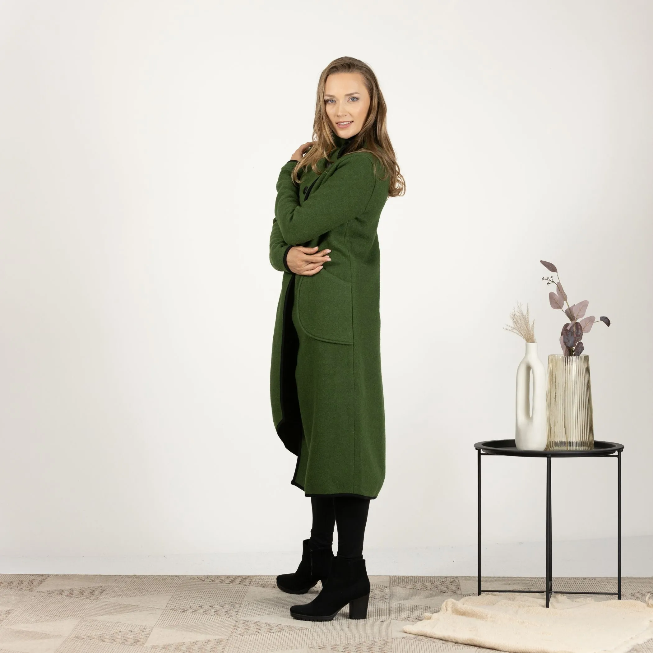 Forest Green Boiled Wool Coat with Pockets