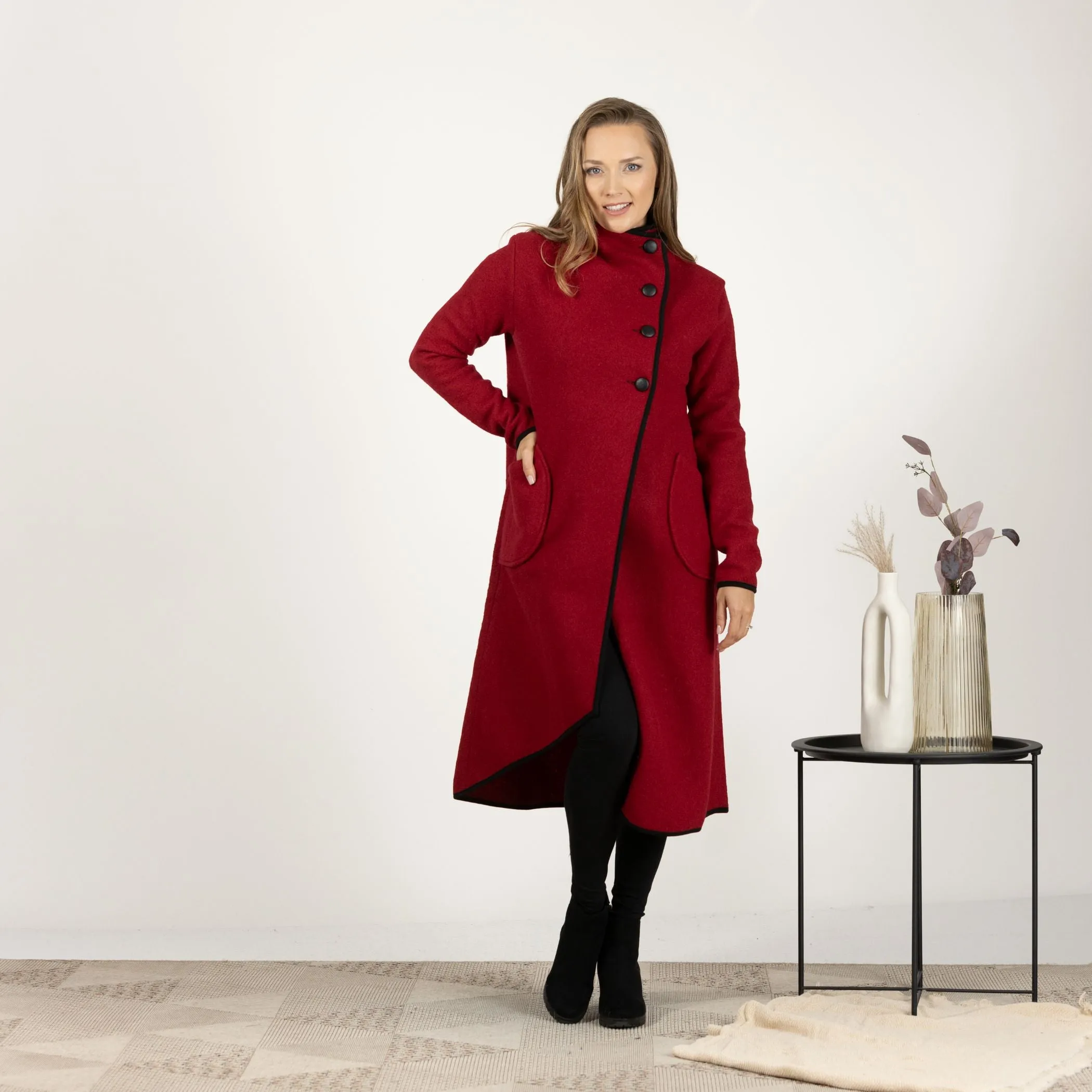 Forest Green Boiled Wool Coat with Pockets