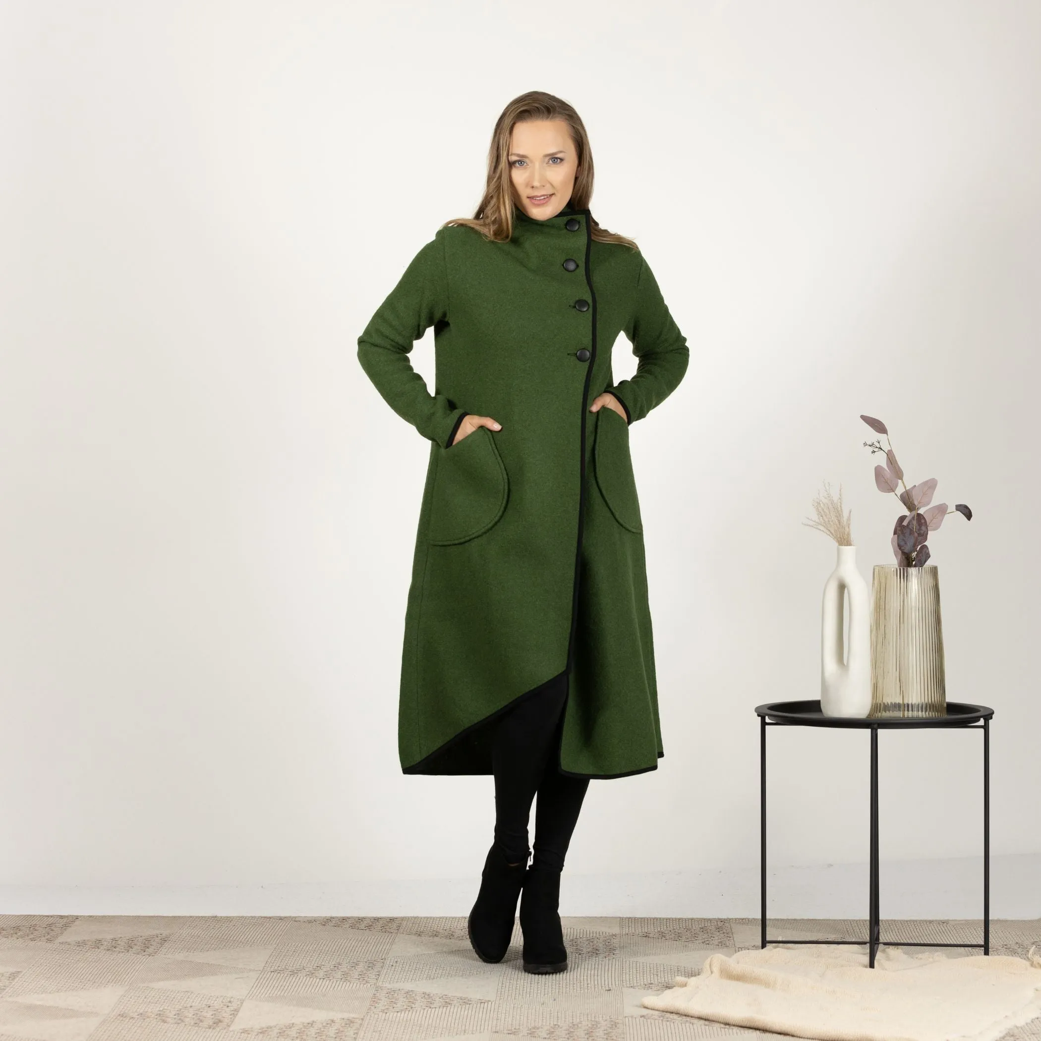 Forest Green Boiled Wool Coat with Pockets