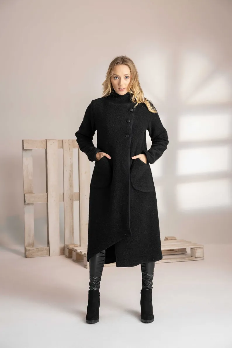 Forest Green Boiled Wool Coat with Pockets