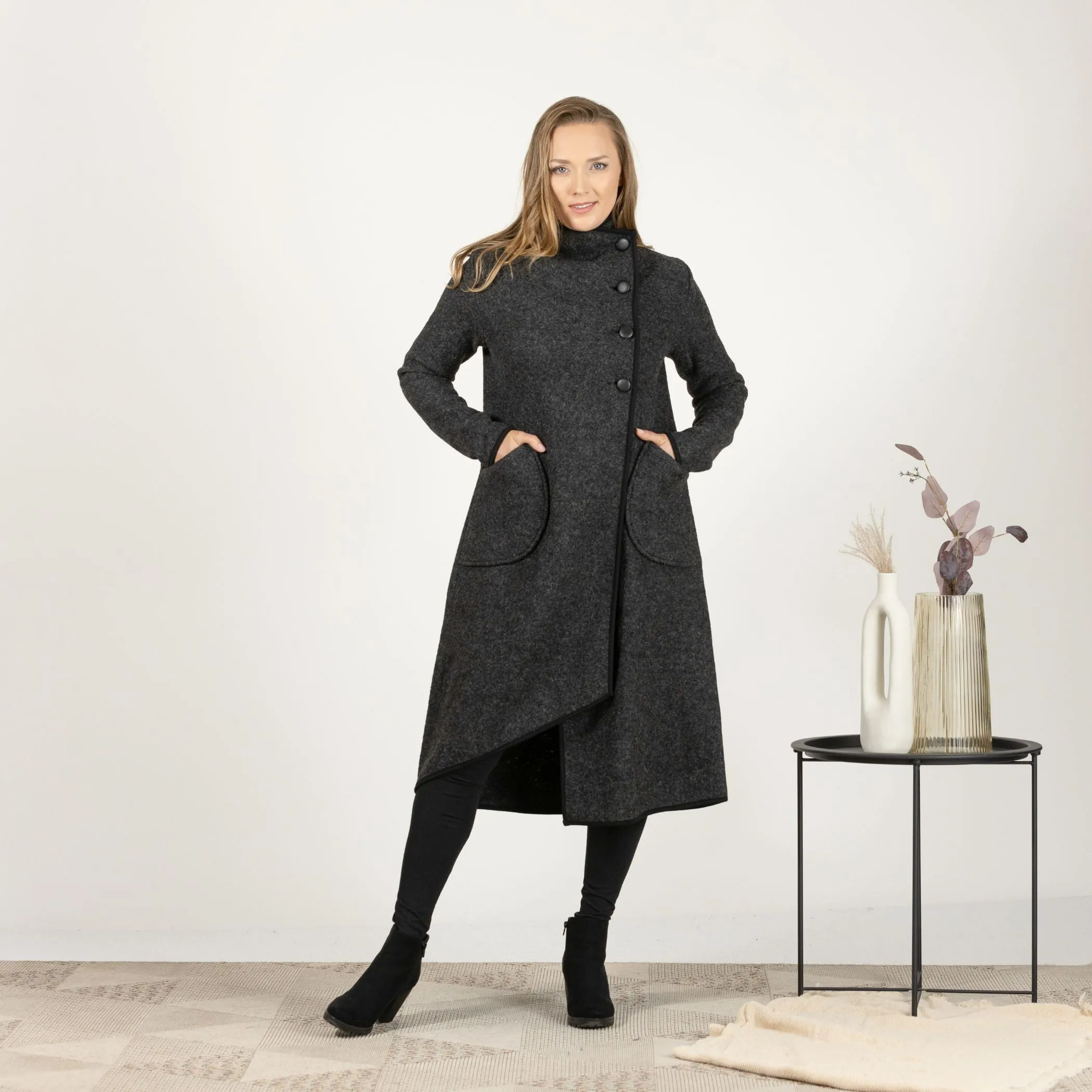 Forest Green Boiled Wool Coat with Pockets