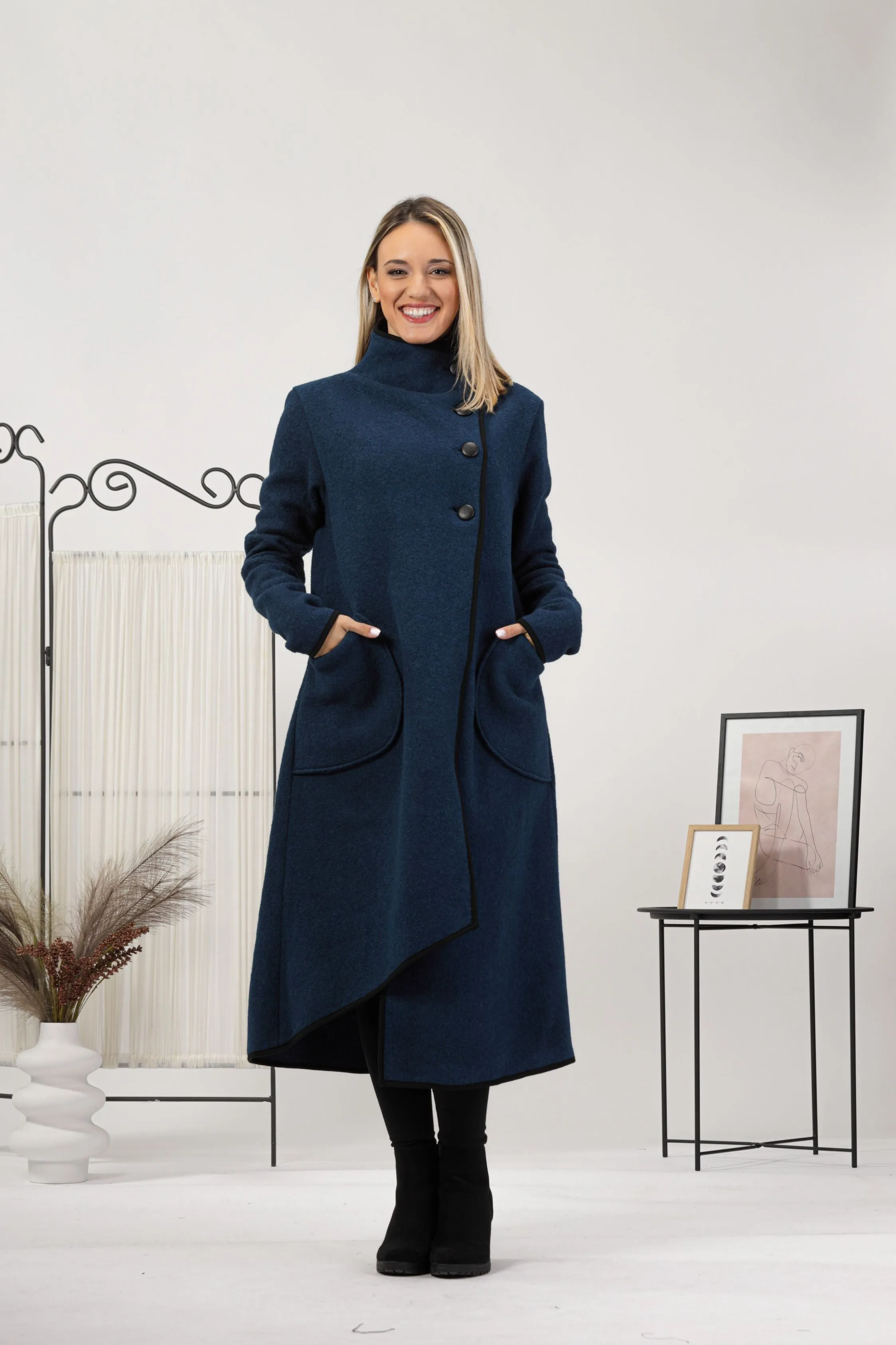 Forest Green Boiled Wool Coat with Pockets