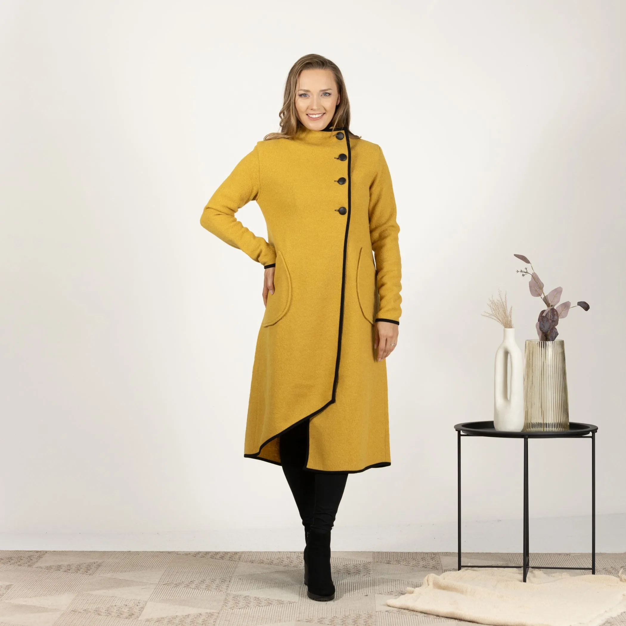 Forest Green Boiled Wool Coat with Pockets