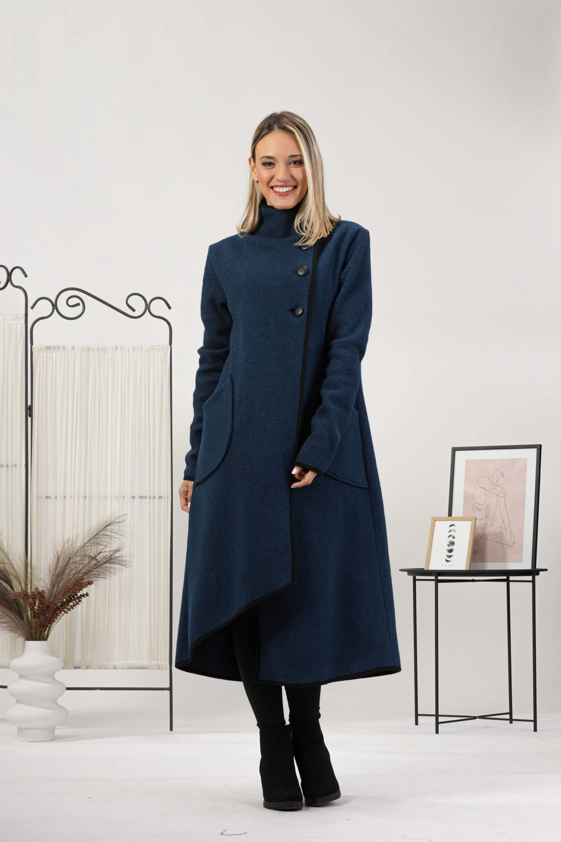 Forest Green Boiled Wool Coat with Pockets