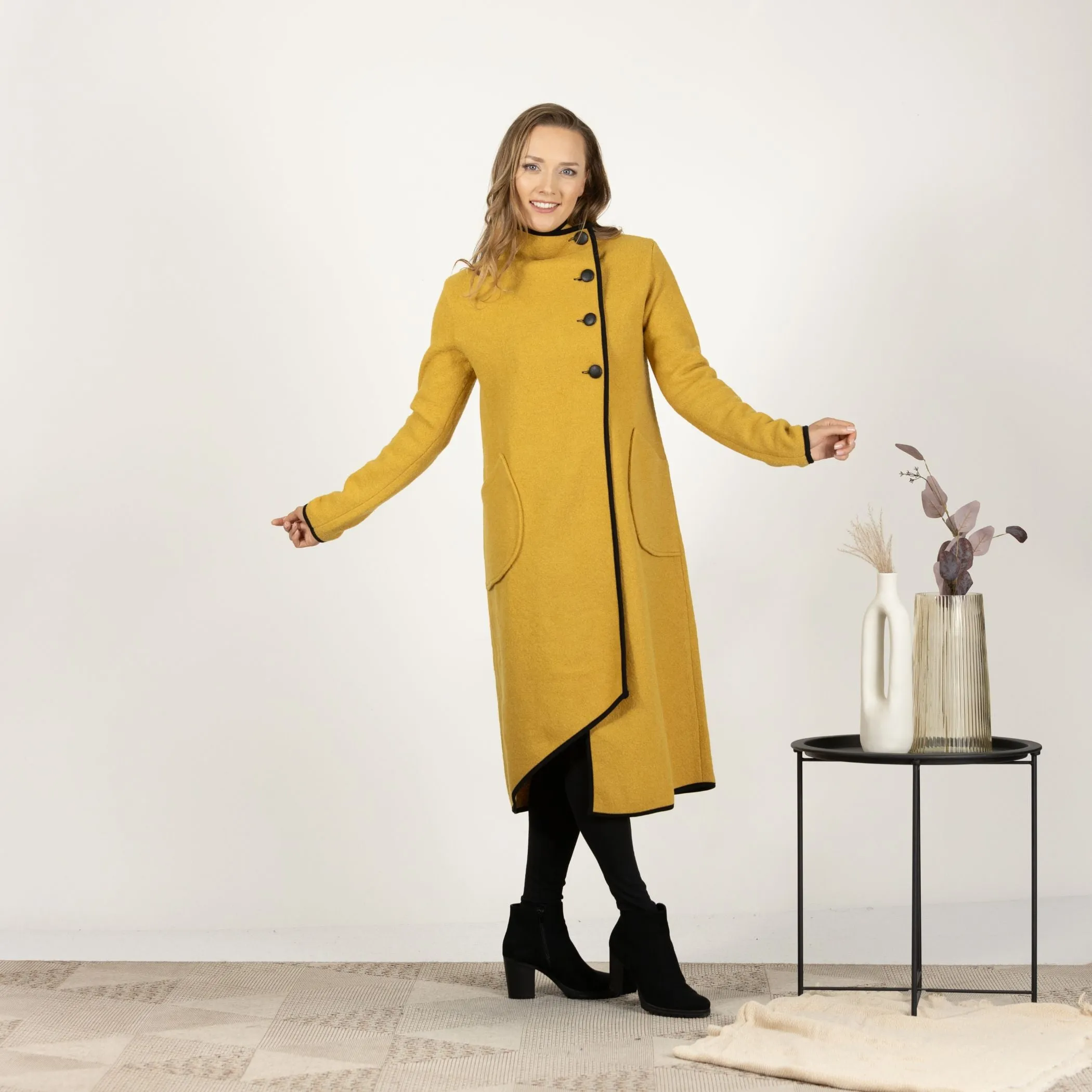 Forest Green Boiled Wool Coat with Pockets