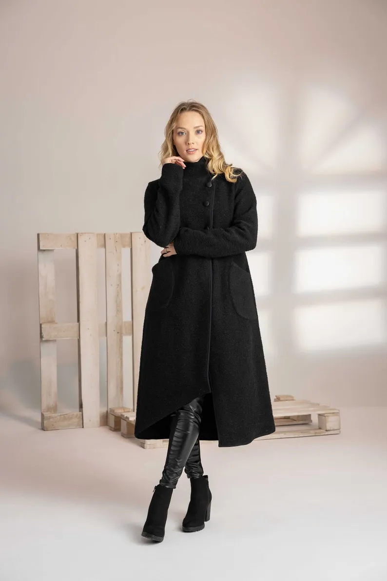 Forest Green Boiled Wool Coat with Pockets