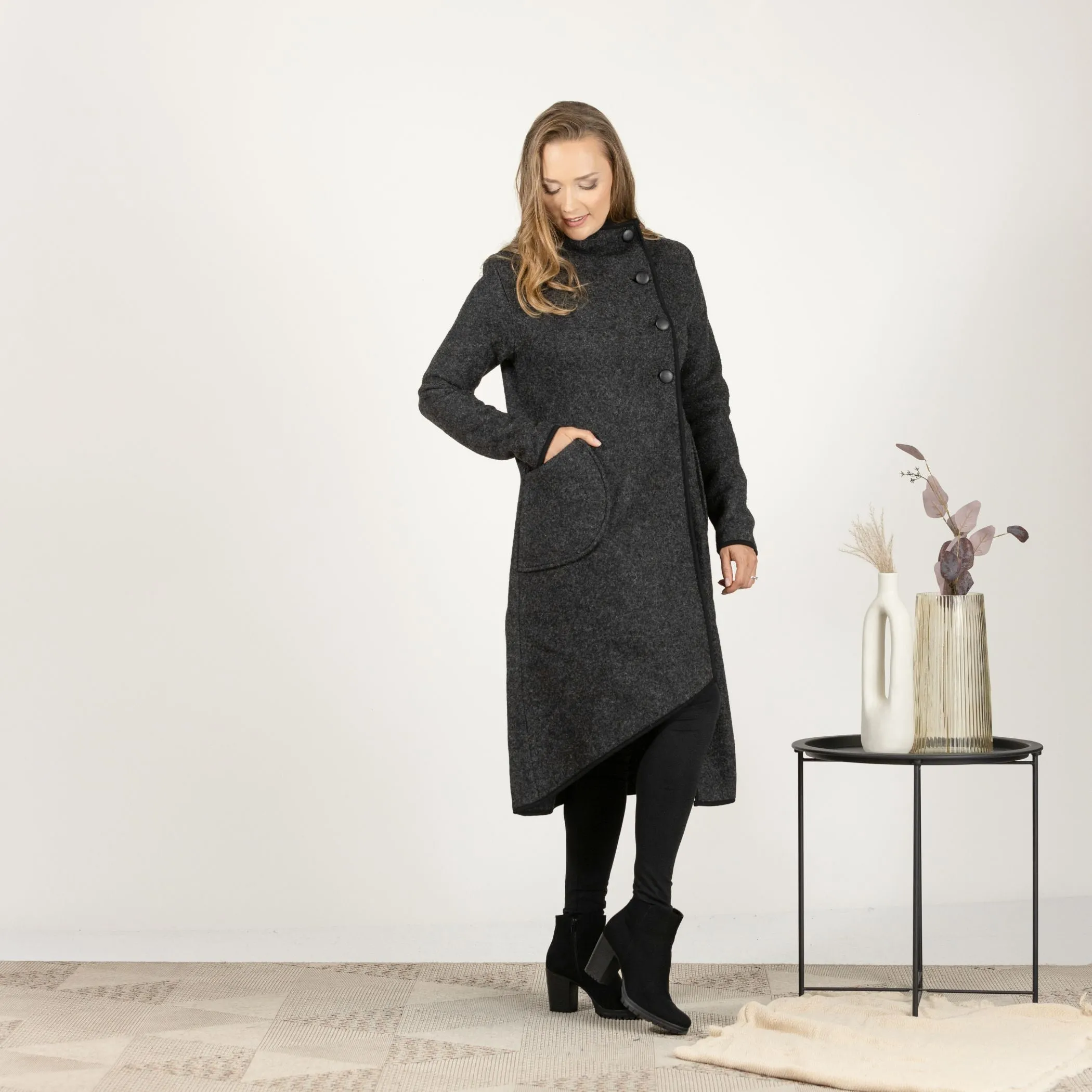 Forest Green Boiled Wool Coat with Pockets