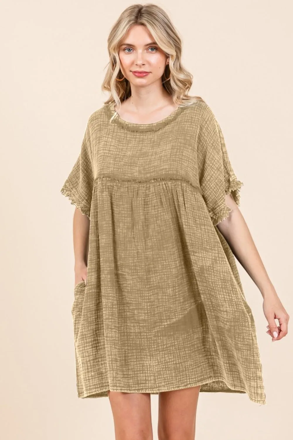 Full Size Short Sleeve Babydoll Texture Dress with Pockets