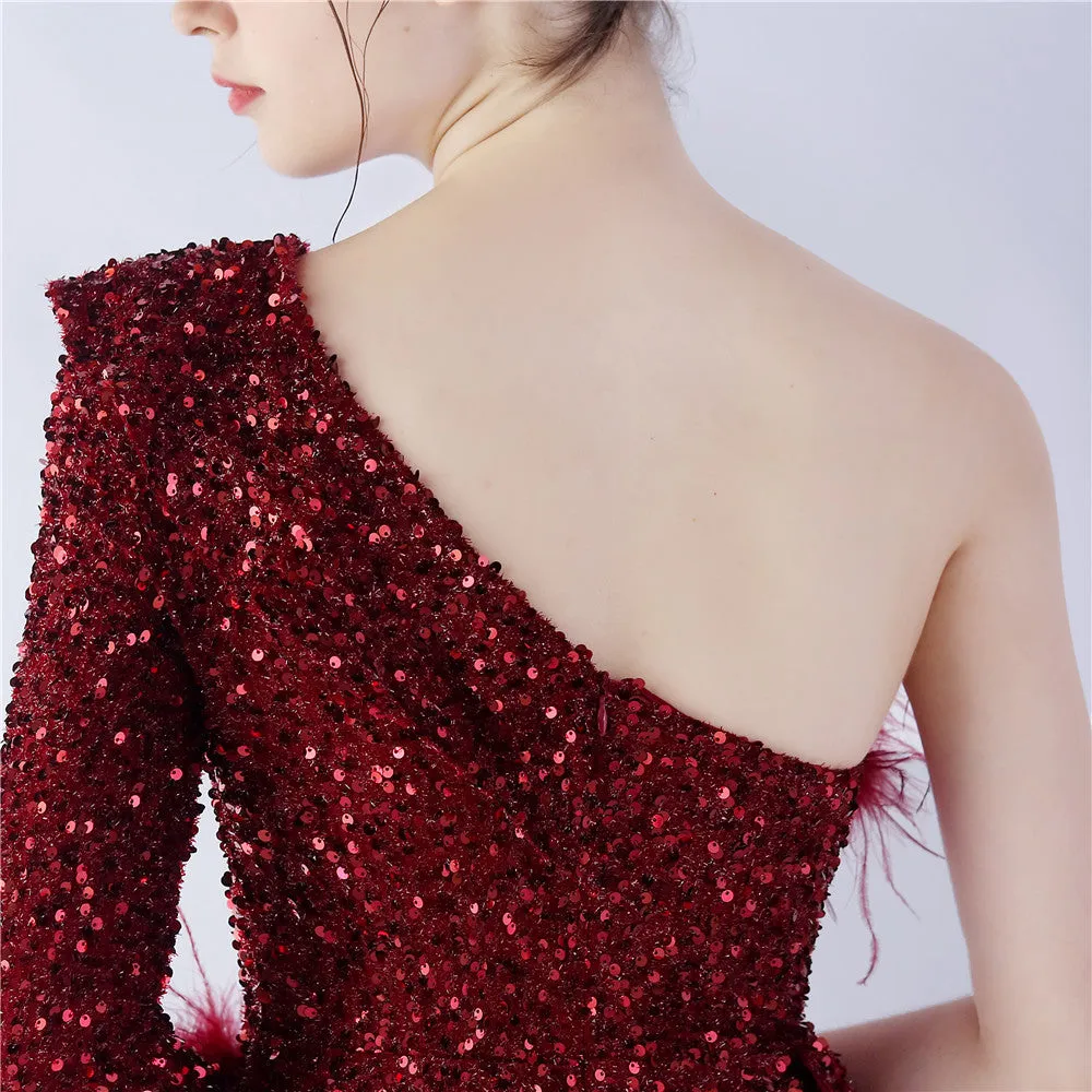 Ginny One Shoulder Feather Sequined Dress