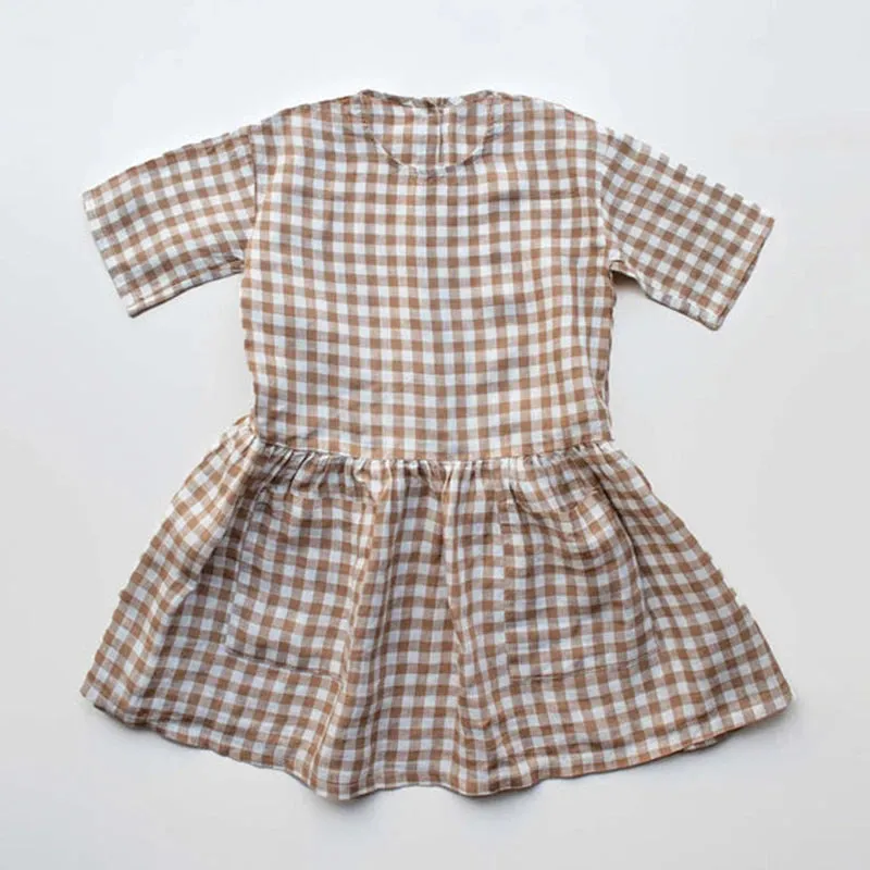 Girl Retro Round Neck Mid-Sleeved Casual Loose Ruffled Pockets Dress,100% Cotton Girls Vintage Khaki Plaid Dress 2-6T