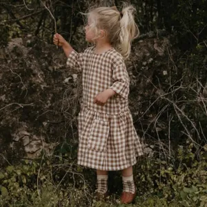 Girl Retro Round Neck Mid-Sleeved Casual Loose Ruffled Pockets Dress,100% Cotton Girls Vintage Khaki Plaid Dress 2-6T