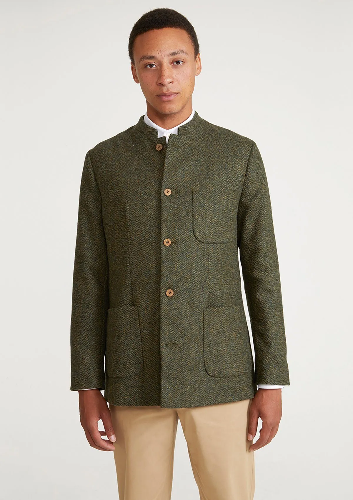 Green Herringbone Tweed Nehru Jacket