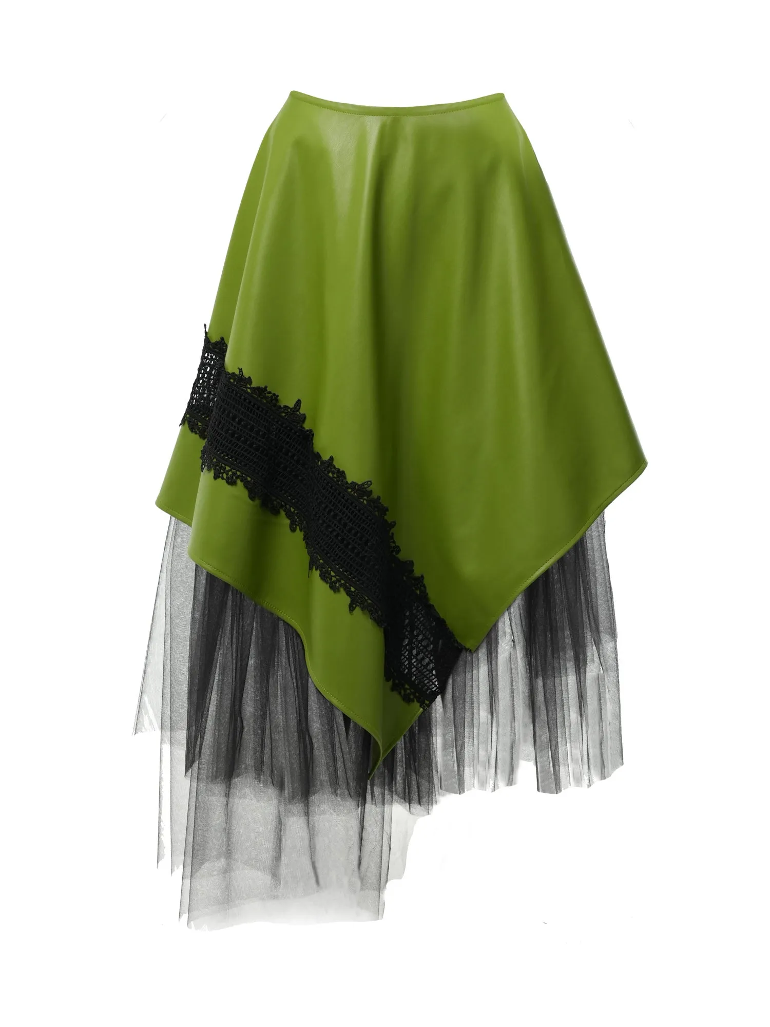 Green Vegan Leather Skirt with Black Tulle