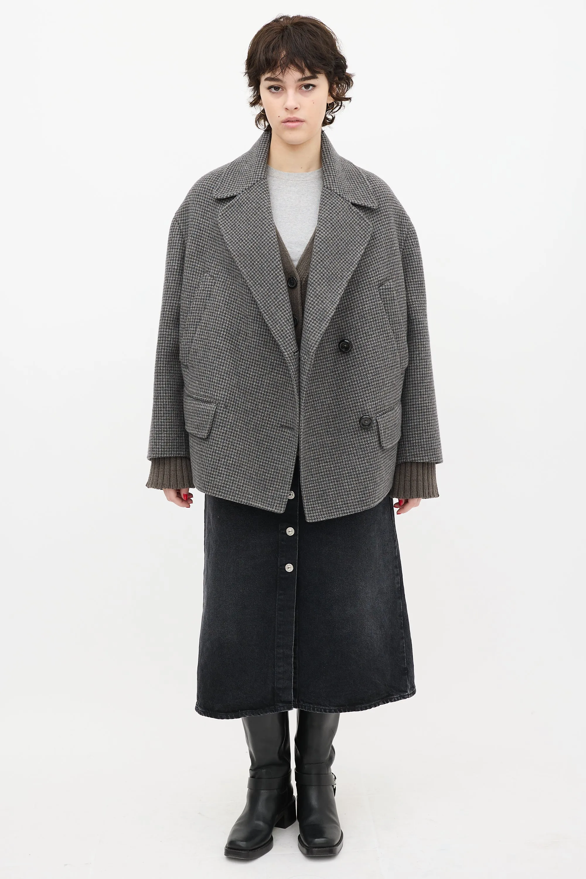 Grey & Black Wool Houndstooth Coat