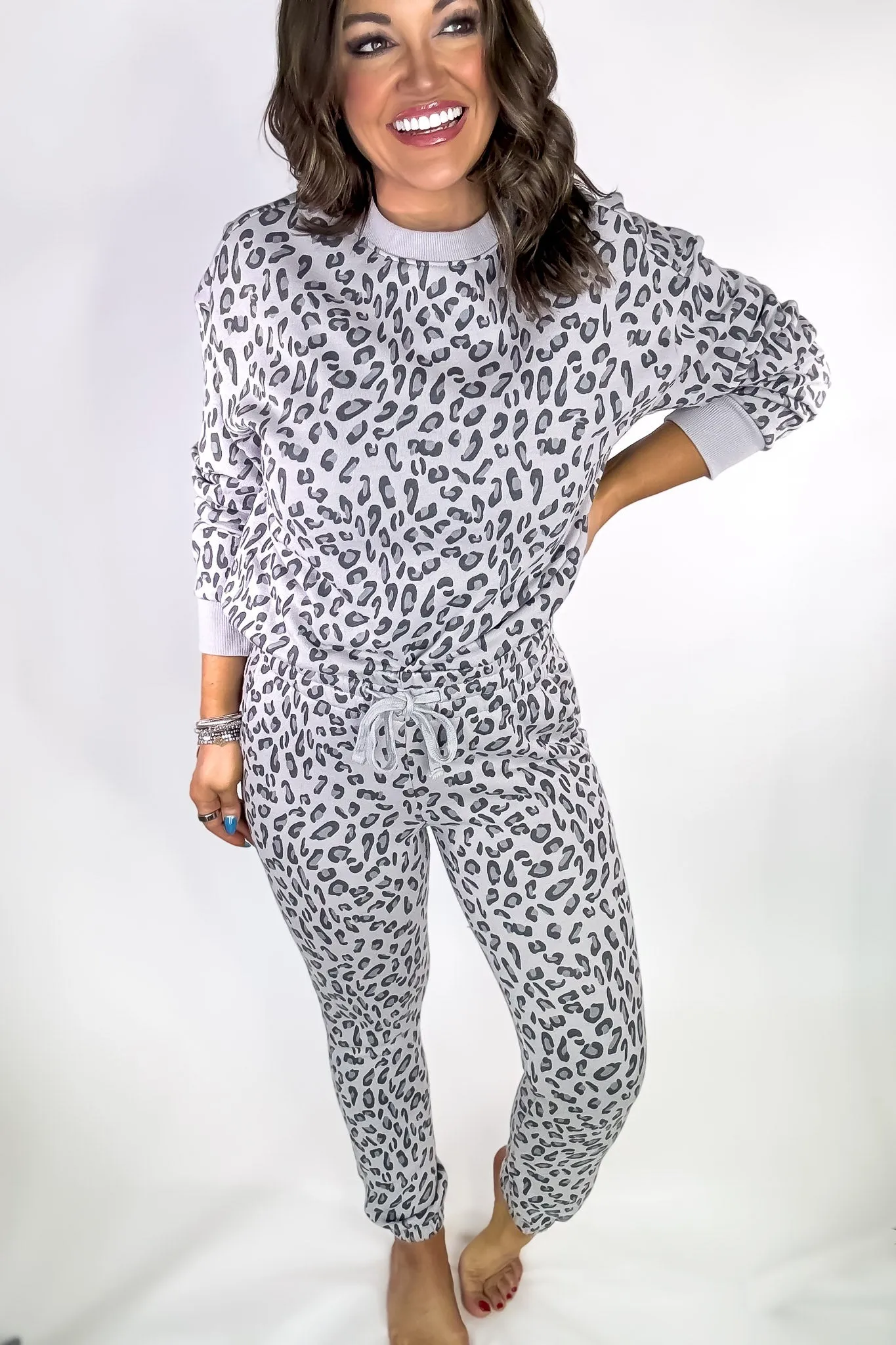 Grey Leopard High Waist Animal Print Fleece Sweatpants