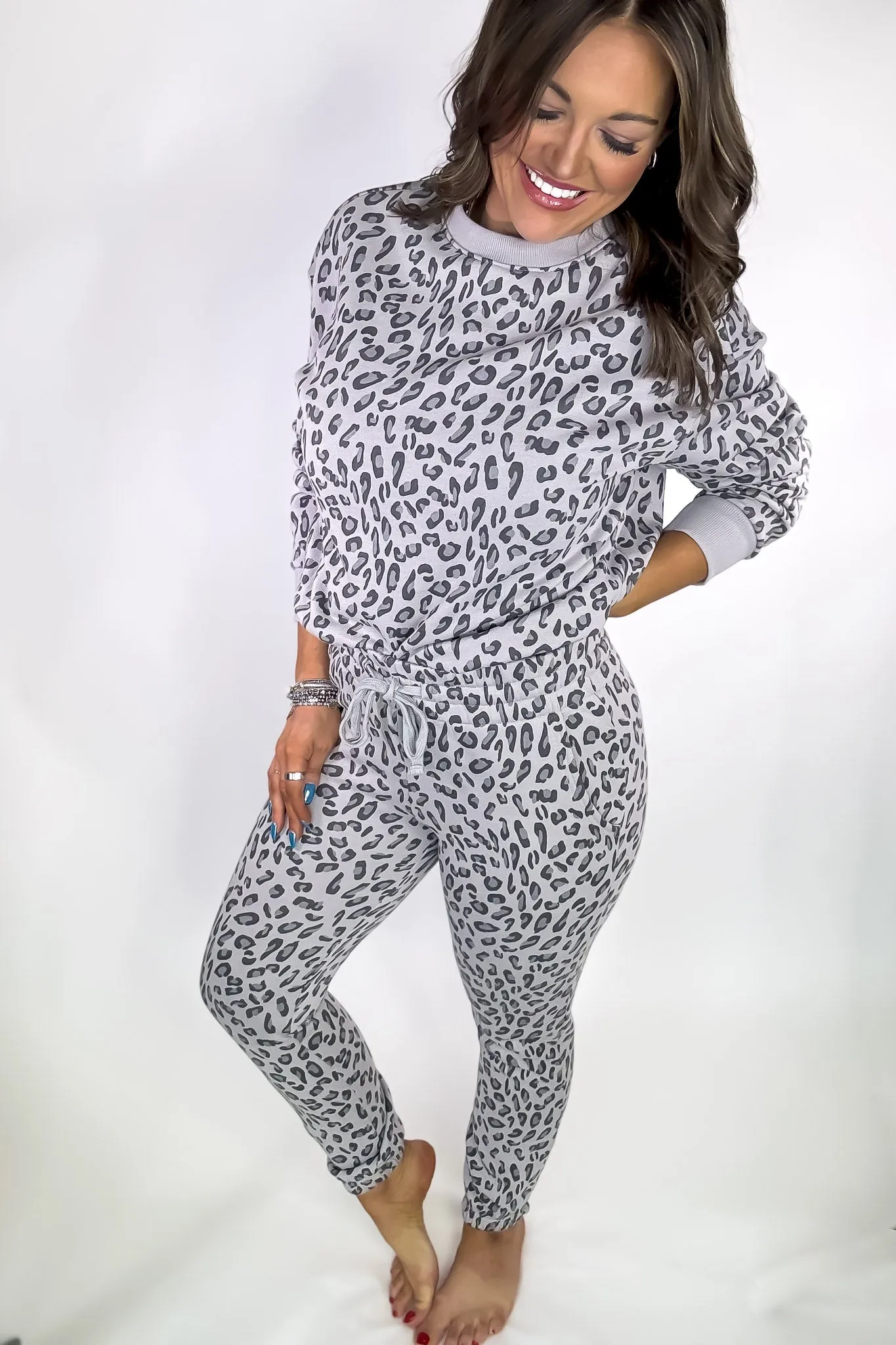 Grey Leopard High Waist Animal Print Fleece Sweatpants