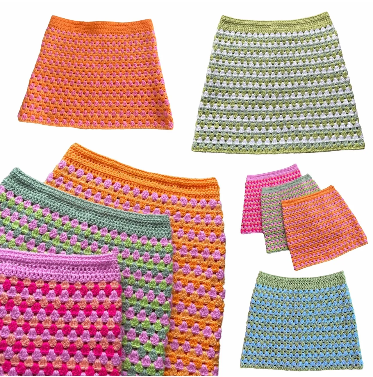 Handmade retro crochet mini skirt in pink and white