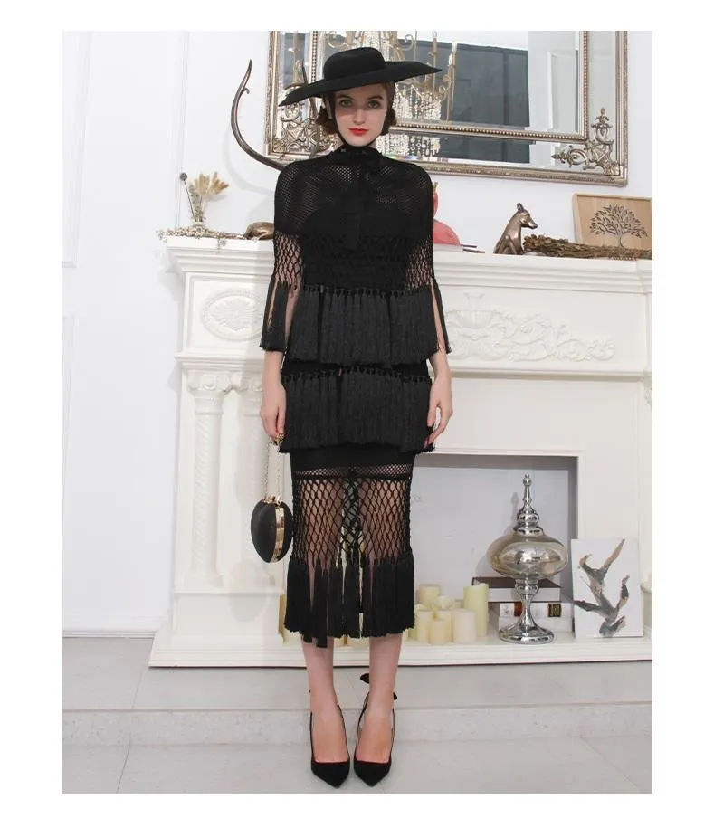 High end one of a kind  woven open mesh net tassle hem skirt and blouse dress set  statement black pieces- West