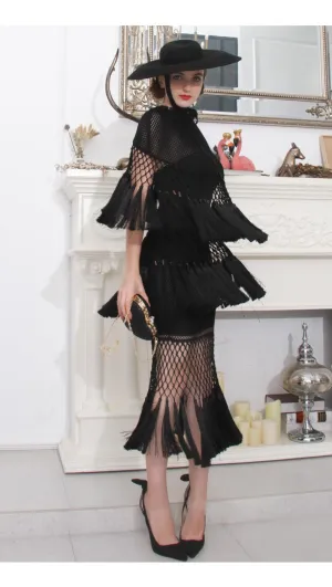 High end one of a kind  woven open mesh net tassle hem skirt and blouse dress set  statement black pieces- West