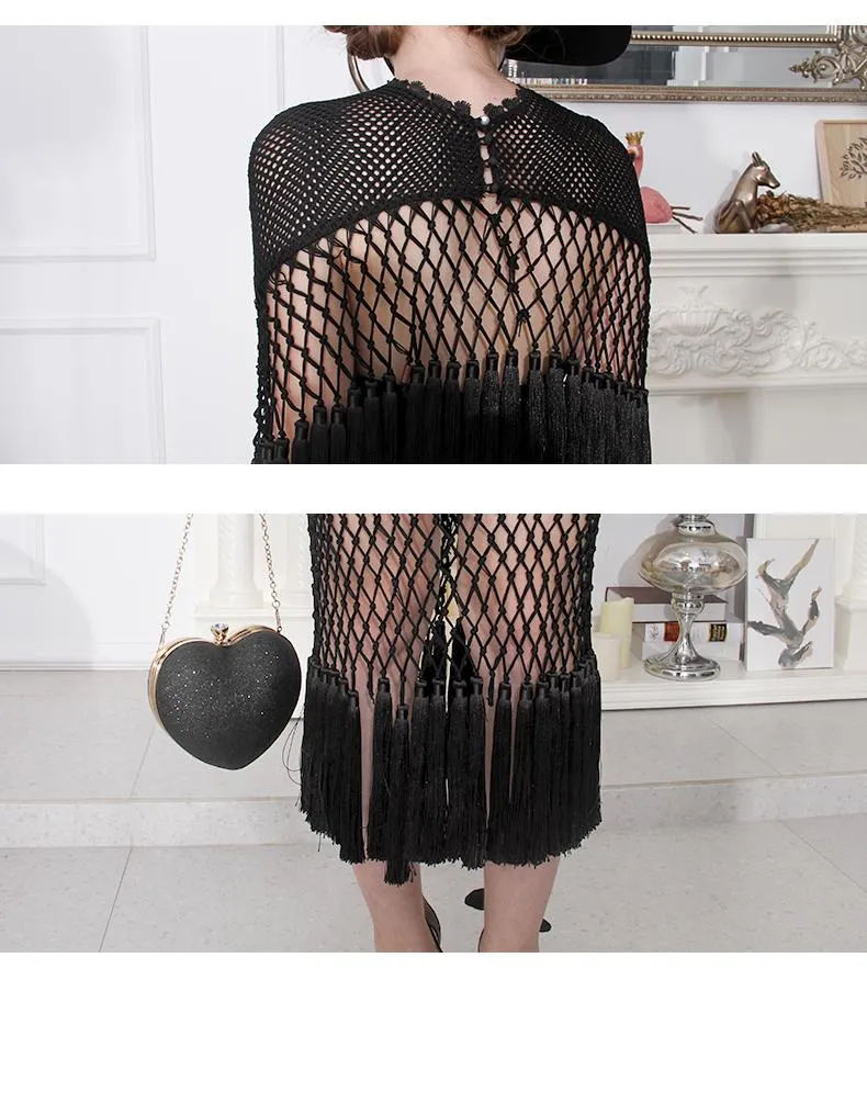 High end one of a kind  woven open mesh net tassle hem skirt and blouse dress set  statement black pieces- West