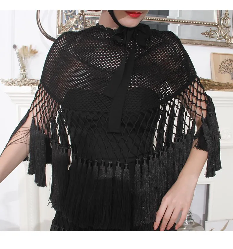 High end one of a kind  woven open mesh net tassle hem skirt and blouse dress set  statement black pieces- West