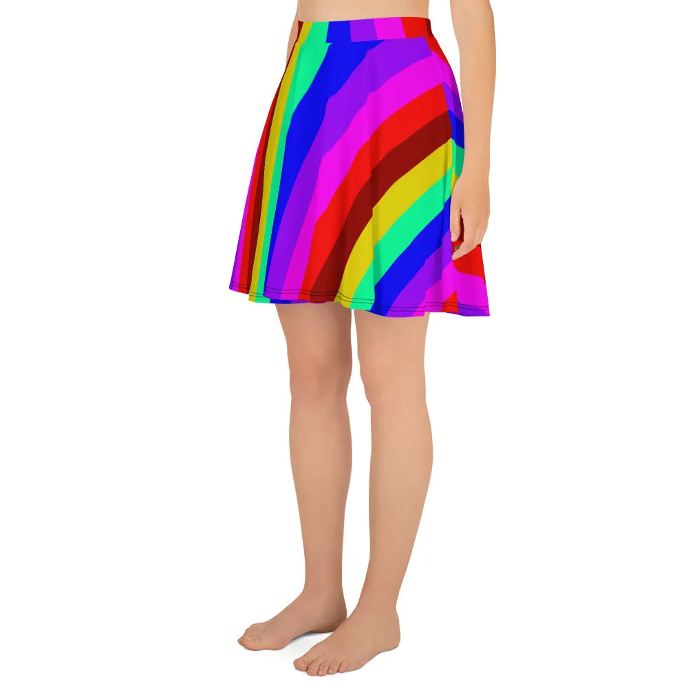 Hippie Rainbow Skater Skirt, Gay Pride Print High-Waisted Women's Skater Skirt-Made in USA/EU