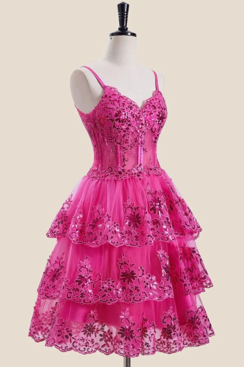 Hot Pink Appliques Short Ruffle Homecoming Dress