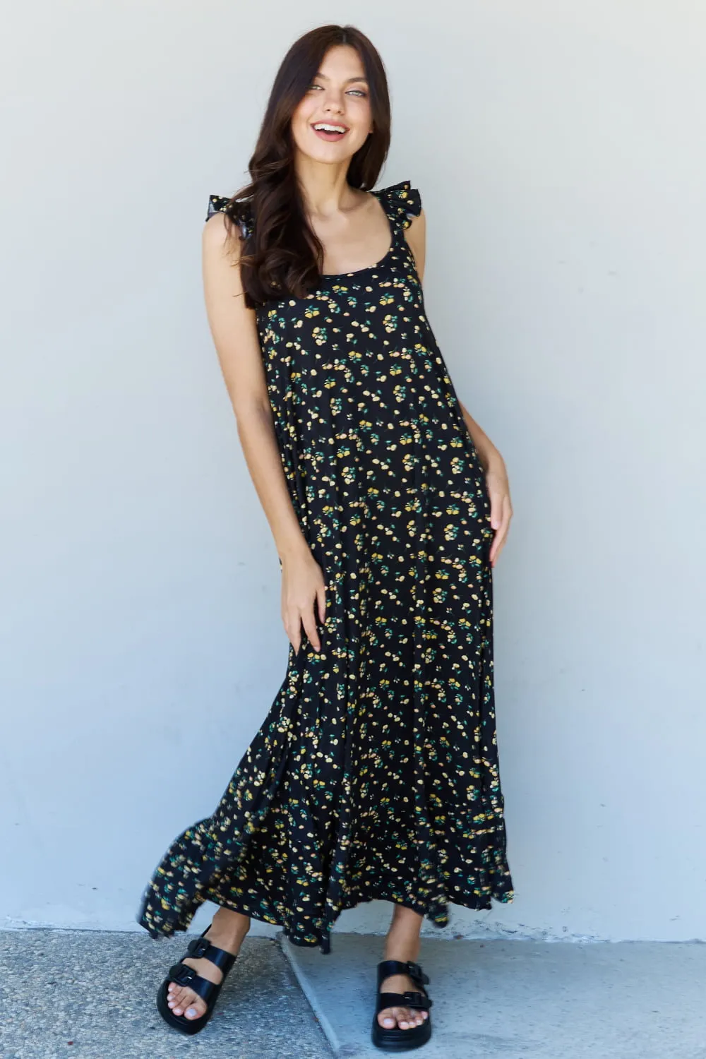 In The Garden Ruffle Floral Maxi Dress in  Black Yellow Floral