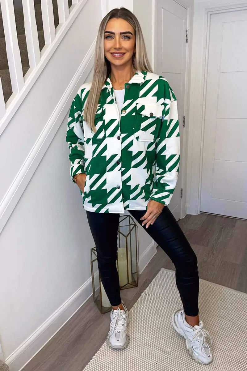 Jade Green Large Dogtooth Print Shirt Jacket