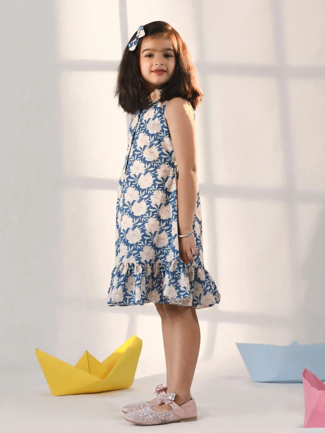 Jashvi Girls' Blue And White Shifflie Worked Cotton dress