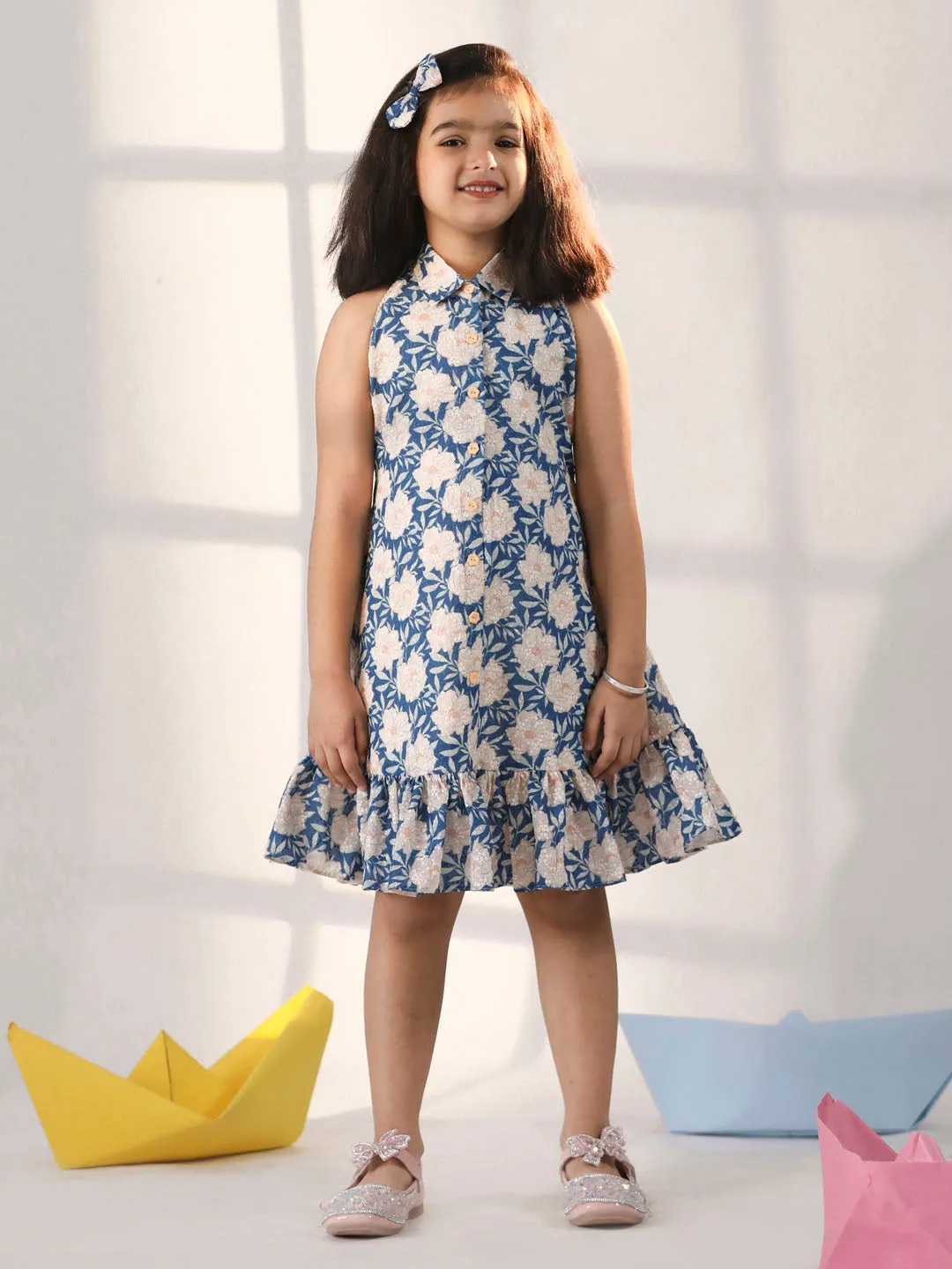 Jashvi Girls' Blue And White Shifflie Worked Cotton dress