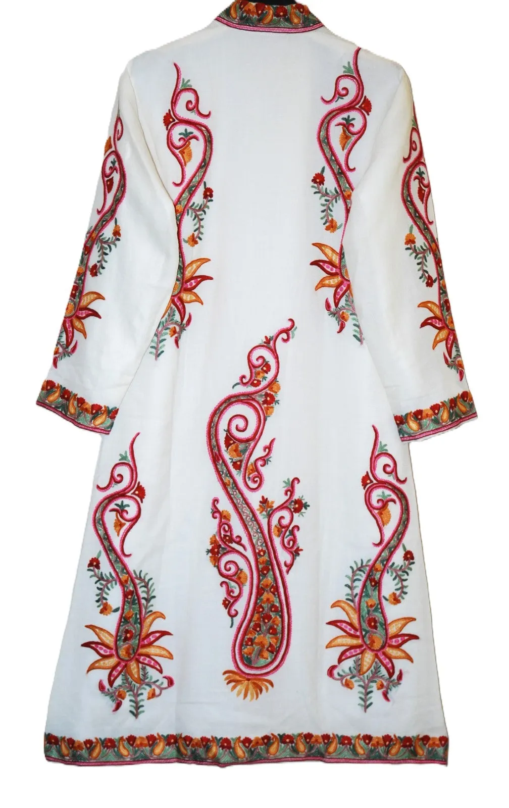 Kashmiri Woolen Coat White, Multicolor Embroidery #AO-179