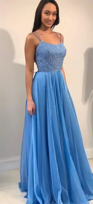 Light Blue Prom Dress Beaded Top, Evening Dress, Pageant Dance Dresses, Graduation School Party Gown, PC0008