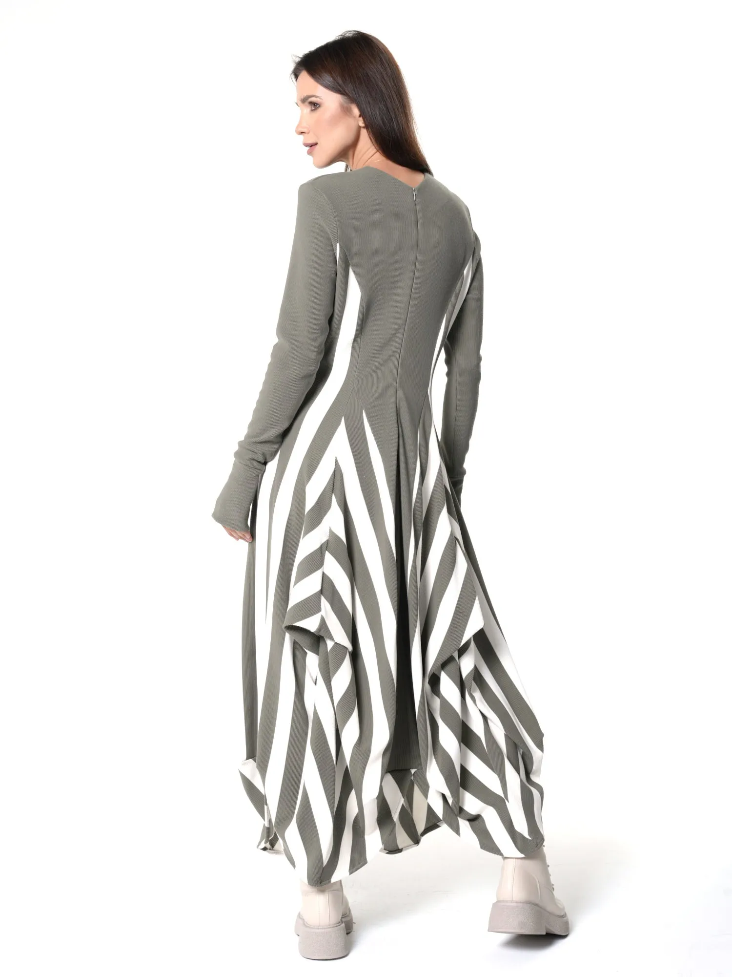 Long Striped Dress In Khaki and White