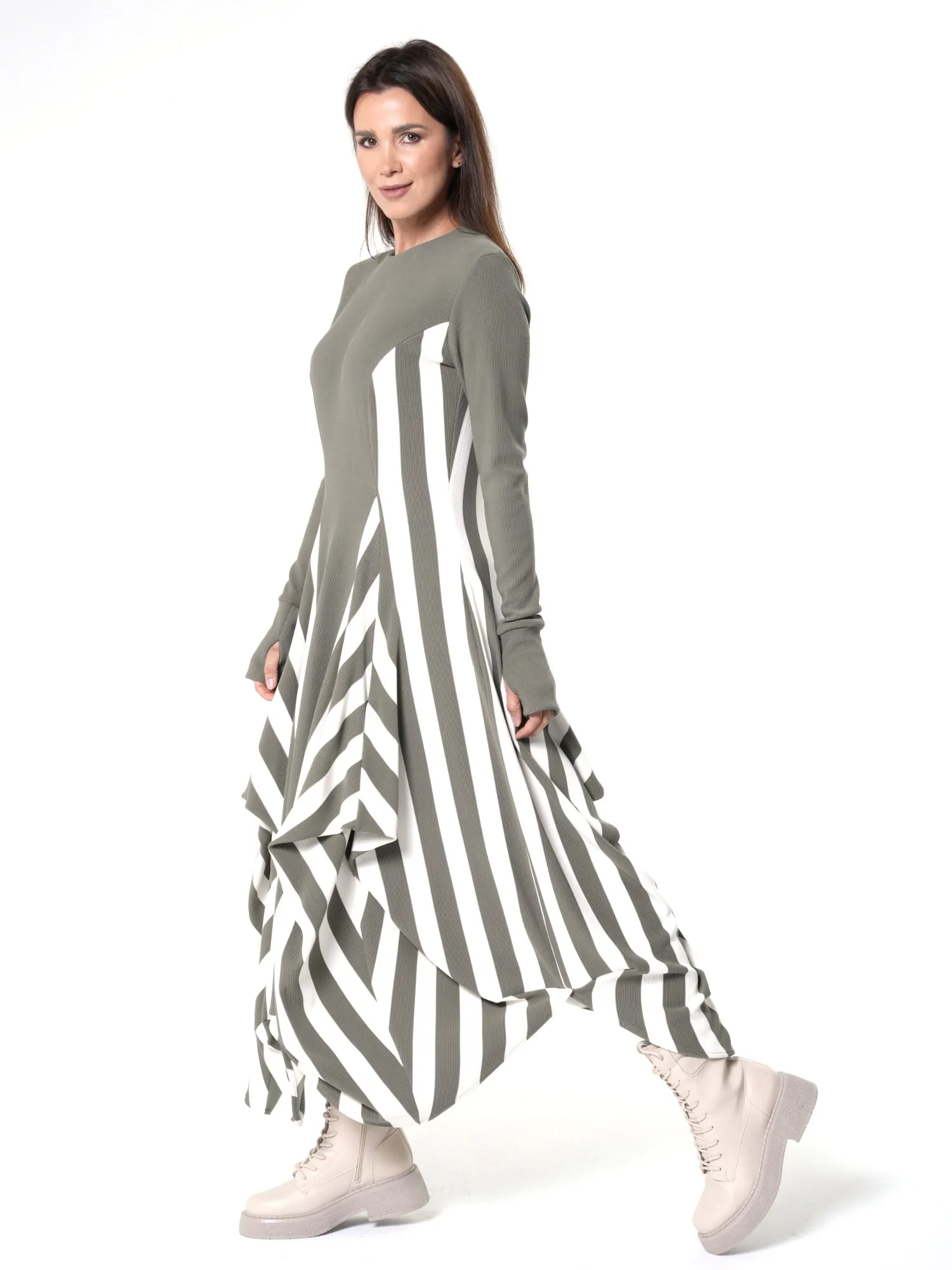 Long Striped Dress In Khaki and White