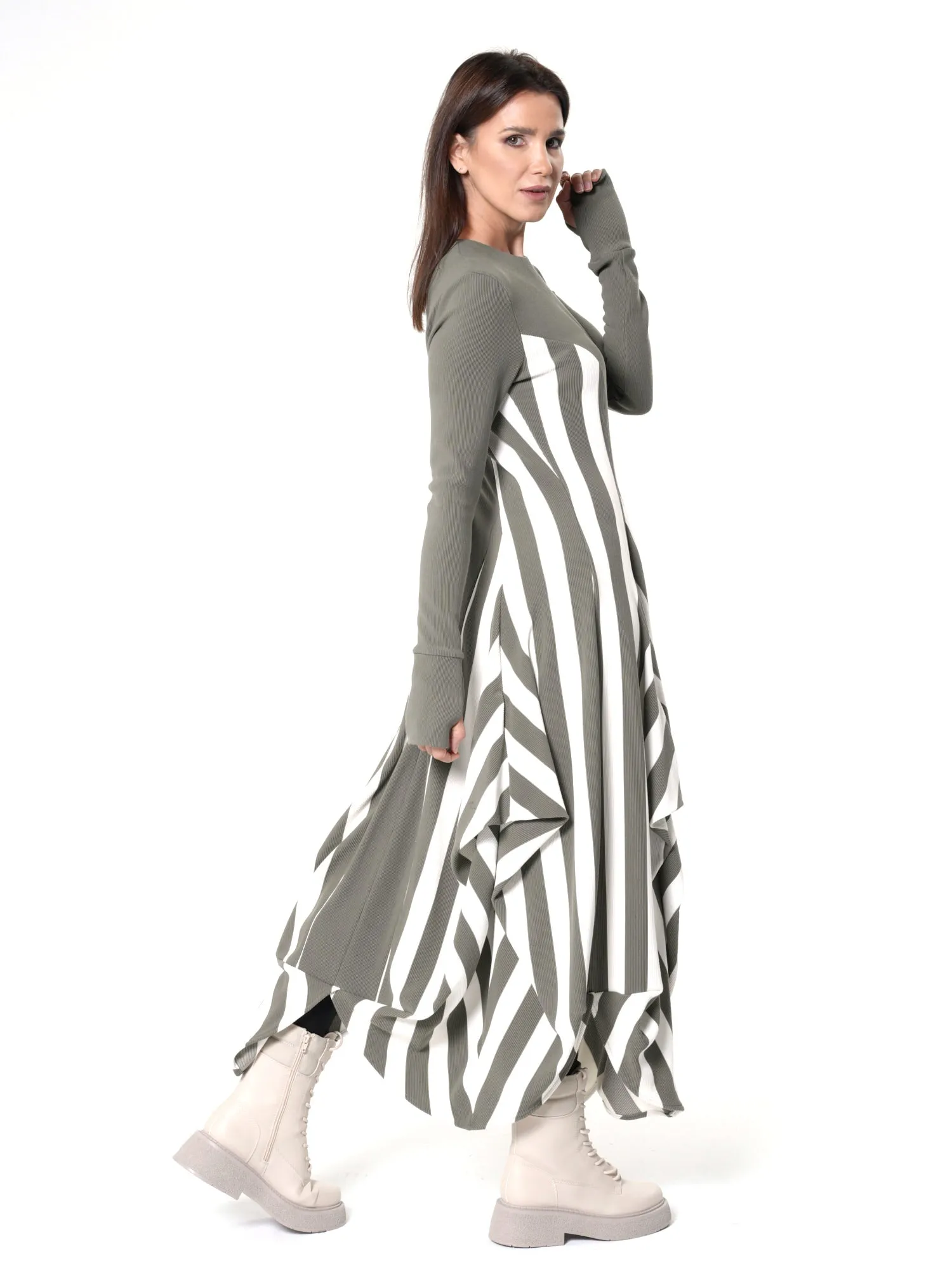 Long Striped Dress In Khaki and White