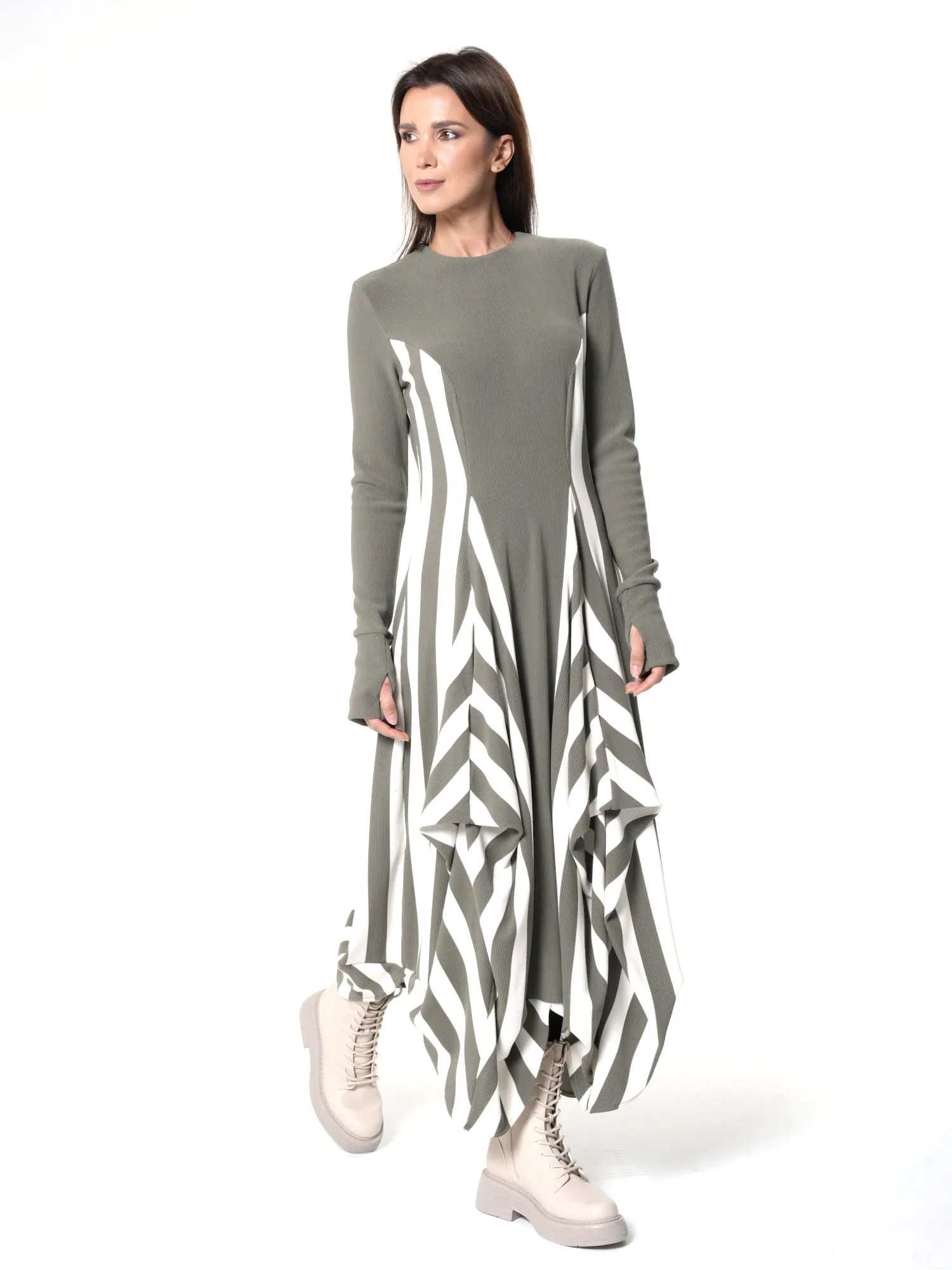 Long Striped Dress In Khaki and White