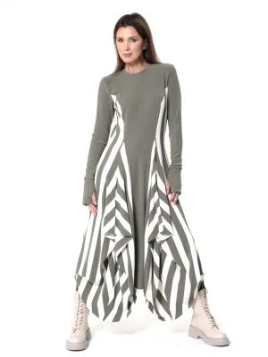 Long Striped Dress In Khaki and White