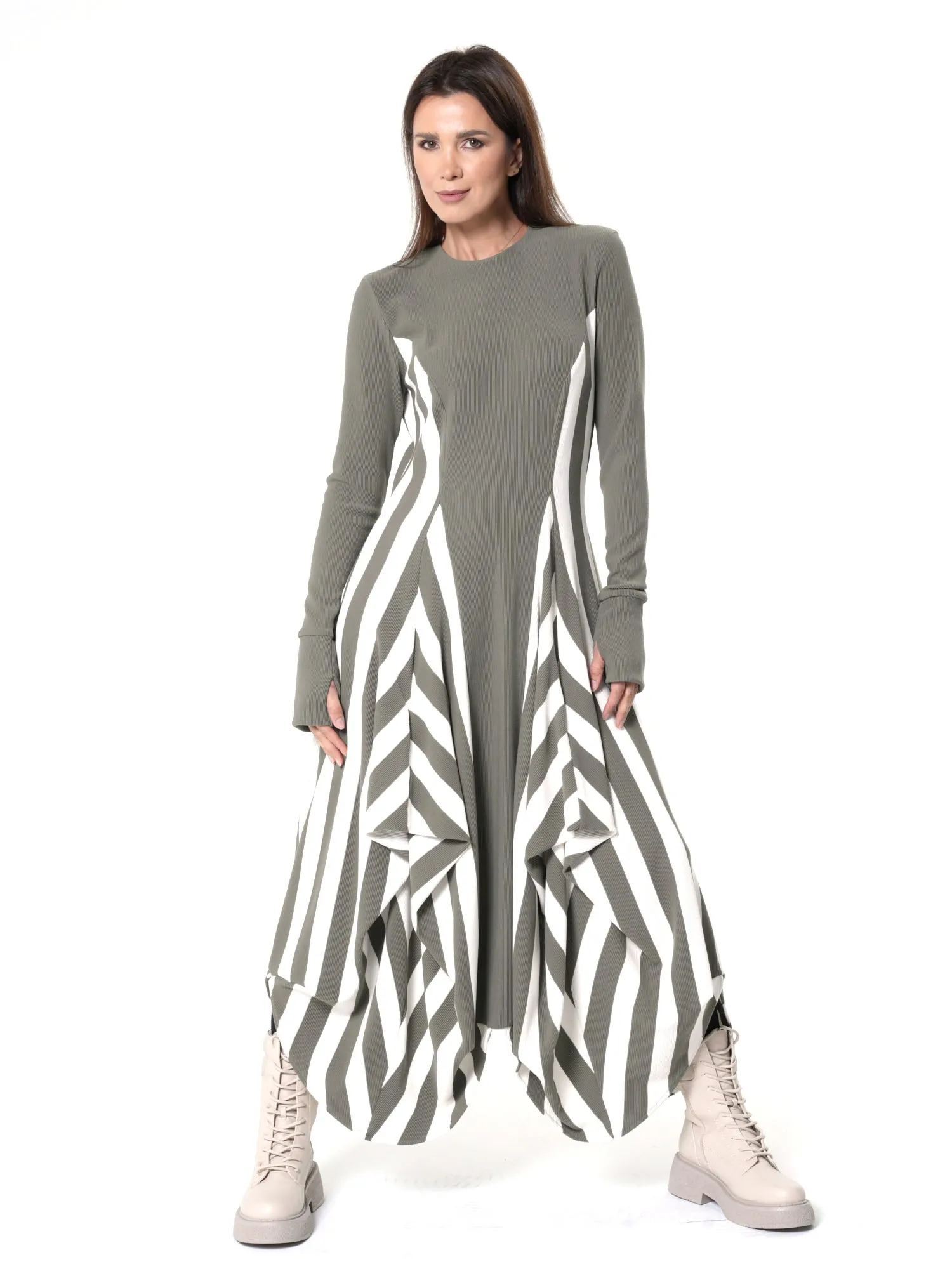 Long Striped Dress In Khaki and White