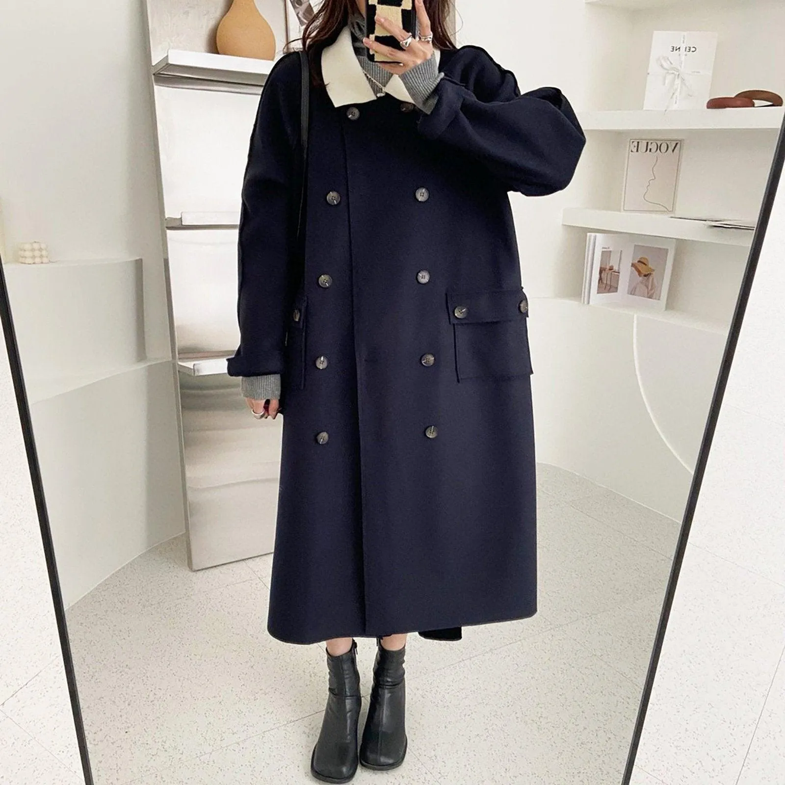 Loose Double Breasted Wool Blend Long Coat