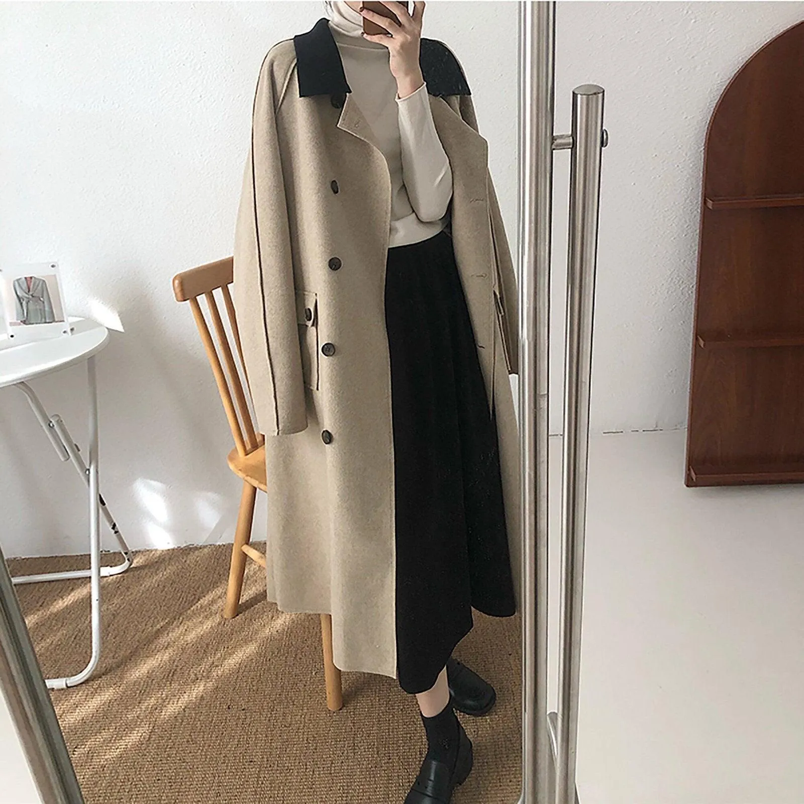 Loose Double Breasted Wool Blend Long Coat