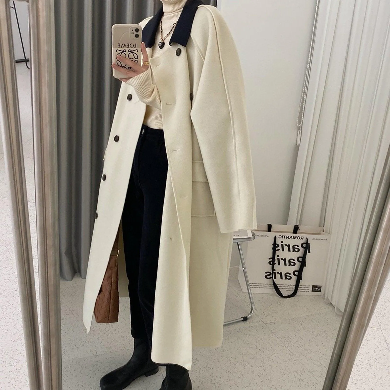 Loose Double Breasted Wool Blend Long Coat