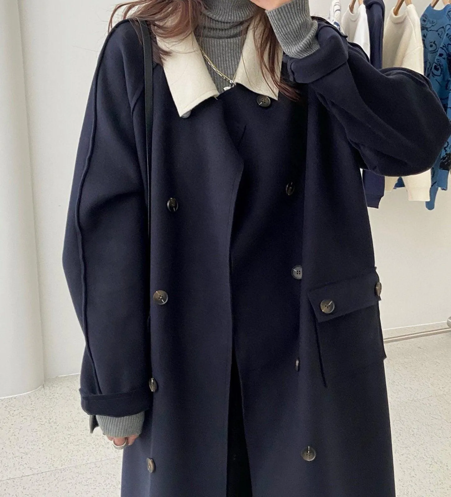 Loose Double Breasted Wool Blend Long Coat