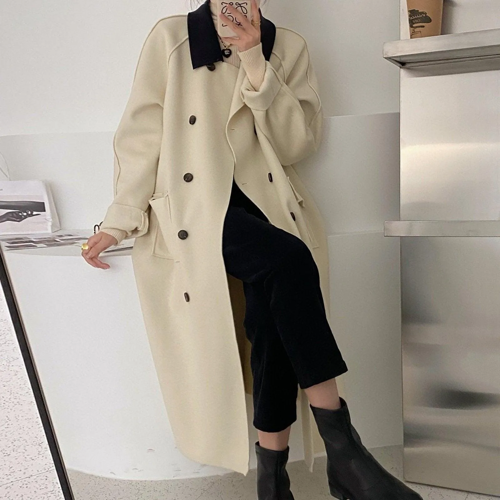 Loose Double Breasted Wool Blend Long Coat